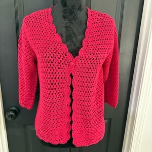 Norm Thompson Women's Red Crochet Cardigan Size:M Vintage open knit